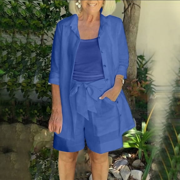 successthop Lounge Sets for Women 3 Piece Solid Color Button Down Cardigan Crewneck Long Sleeve Shirts and Shorts Fashion Vacation Pajamas Lounge Set Loungewear Summer Outfits