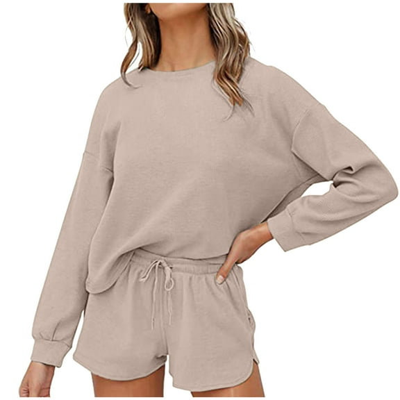 TrendVibe365 Lounge Sets for Women Shorts Solid Color Crewneck Long Sleeve Shirts and Shorts Basic Travel Pajamas Lounge Set Loungewear Summer Outfits