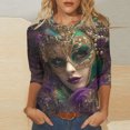 thumbnail image 1 of successthop Mardi Gras 3/4 Sleeve Tops for Women Plus Size with Crew Neck Polyester Casual Mask Printed Mardi Gras Celebrations Blouse Tops for Mardi Gras Event Purple XL, 1 of 5
