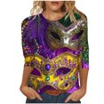 thumbnail image 1 of TrendVibe365 Mardi Gras 3/4 Sleeve Tops for Women with Crew Neck Polyester Casual Mask Printed Mardi Gras Celebrations Blouse Tops for Mardi Gras Event Purple 2XL, 1 of 4