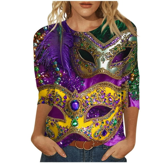 TrendVibe365 Mardi Gras 3/4 Sleeve Tops for Women with Crew Neck Polyester Casual Mask Printed Mardi Gras Celebrations Blouse Tops for Mardi Gras Event Purple 2XL