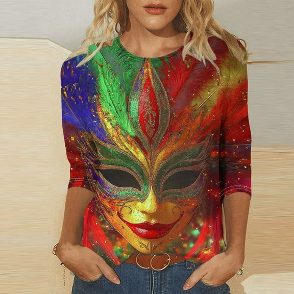 TrendVibe365 Mardi Gras Ladies Tops and Blouses 3/4 Sleeve Plus Size Round Neck Polyester Casual Mask Printed Mardi Gras Celebrations Blouse Tops for Mardi Gras Event Purple 2XL