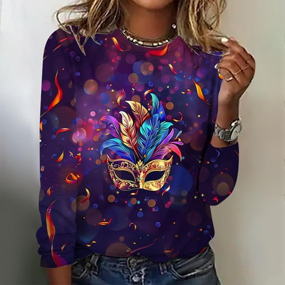 TrendVibe365 Mardi Gras Long Sleeve Tops for Women Plus Size Plus Size Crew Neck Polyester Casual Mask Printed Mardi Gras Celebrations Blouse Tops for Mardi Gras Event Purple 4XL