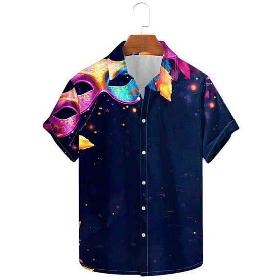 successthop Mardi Gras Mens Button up Shirts Short Sleeve Plus Size Polyester Casual Mask Printed Mardi Gras Celebrations Blouse Tops for Mardi Gras Event Purple 4XL