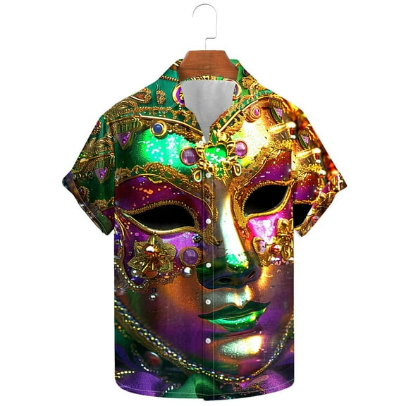 TrendVibe365 Mardi Gras Mens Button up Shirts Short Sleeve Plus Size Polyester Casual Mask Printed Mardi Gras Celebrations Blouse Tops for Mardi Gras Event Purple 5XL