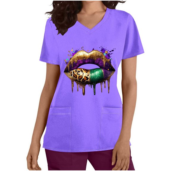 TrendVibe365 Mardi Gras Scrub Tops Women Plus Size Scrub Shirts Short Sleeve Round Neck Polyester with Pockets Casual Mask Printed Mardi Gras Celebrations Blouse Tops for Mardi Gras Event Purple 2XL
