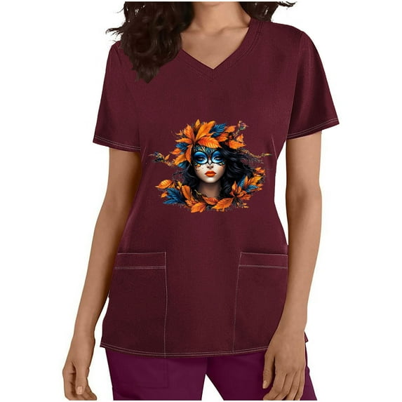 TrendVibe365 Mardi Gras Scrub Tops Women Print Short Sleeve Round Neck Polyester with Pockets Casual Mask Printed Mardi Gras Celebrations Blouse Tops for Mardi Gras Event Purple M
