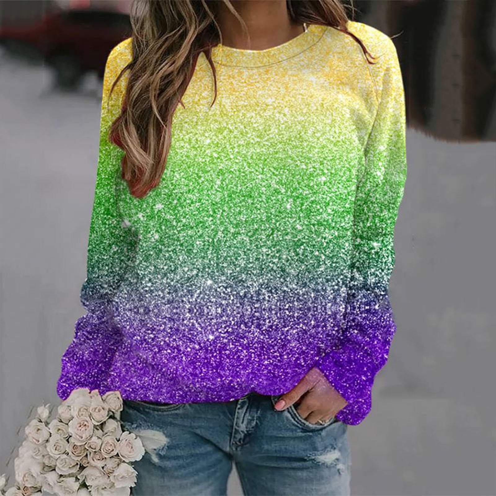 TrendVibe365 Mardi Gras Sweatshirts for Women 2024 Sequin Glitter Print ...