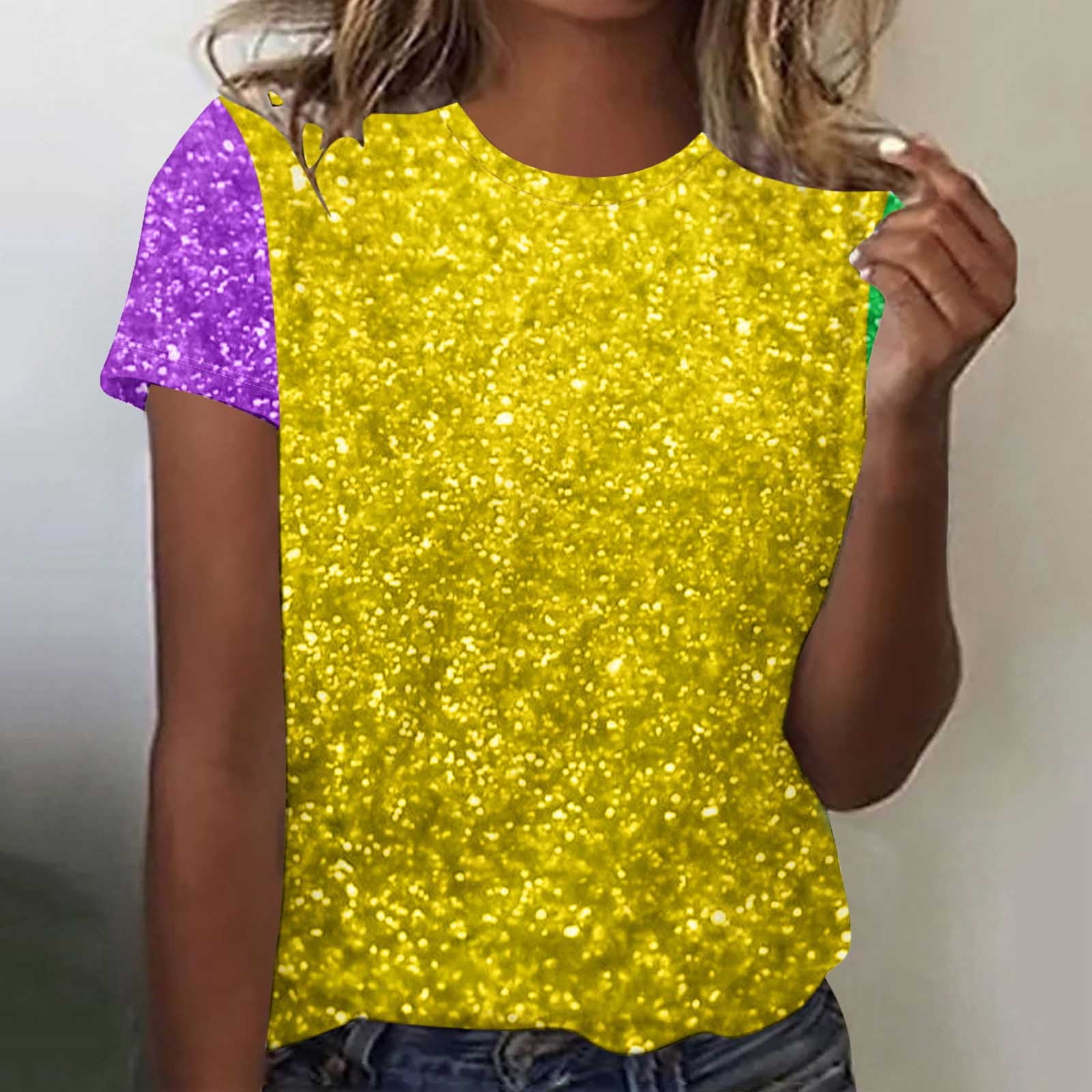 TrendVibe365 Mardi Gras T Shirts for Women Graphic Print Sequin Glitter ...
