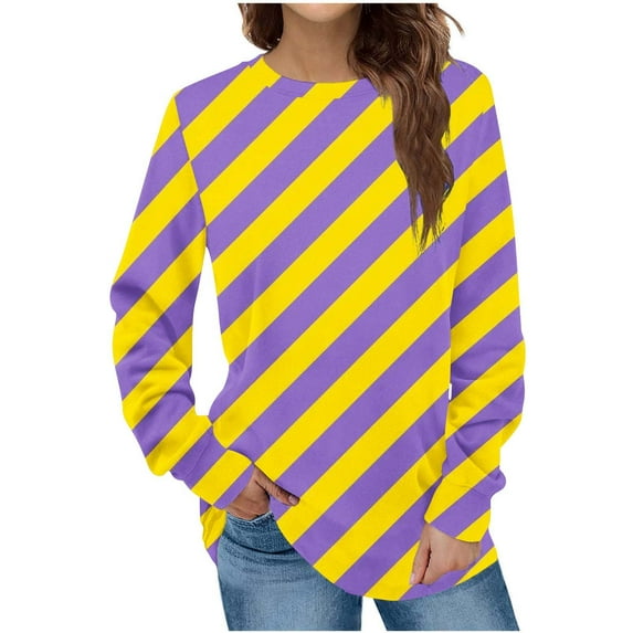 successthop Mardi Gras Tops for Women Sweatshirts Stripe Patchwork Color Block Carnival Gifts Tops Long Sleeve New Orleans Blouses Round Neck Going Out Tshirts Cute Funny Tees Outfits