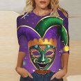 thumbnail image 1 of TrendVibe365 Mardi Gras Women's Plus Size Tops with 3/4 Sleeves with Crew Neck Polyester Casual Mask Printed Mardi Gras Celebrations Blouse Tops for Mardi Gras Event Purple 2XL, 1 of 5