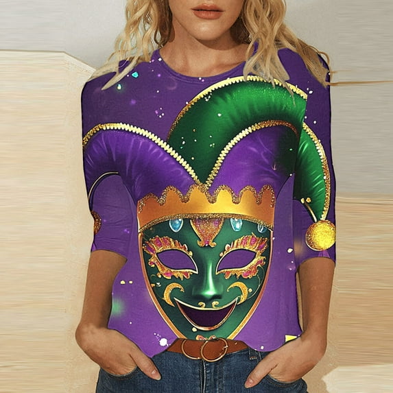 TrendVibe365 Mardi Gras Women's Plus Size Tops with 3/4 Sleeves with Crew Neck Polyester Casual Mask Printed Mardi Gras Celebrations Blouse Tops for Mardi Gras Event Purple 2XL