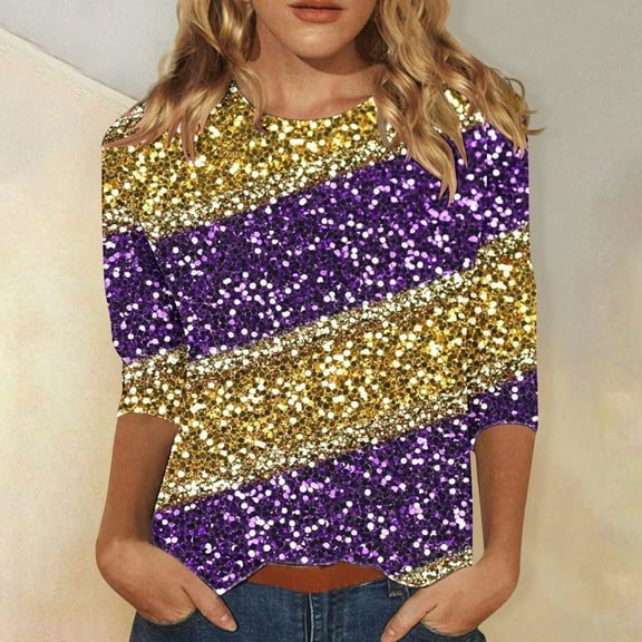 successthop Mardi Gras Women's Plus Size Tops with 3/4 Sleeves with Crew Neck Polyester Casual Mask Printed Mardi Gras Celebrations Blouse Tops for Mardi Gras Event Purple S