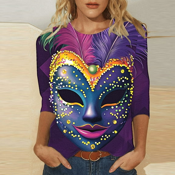 successthop Mardi Gras Womens Blouses Dressy Casual Fancy Mask Beads Tunic Carnival Gifts Shirts 3/4 Sleeve New Orleans Tshirts Crew Neck Masquerade Tops Retro Fashion Blouse Outfits Black XL
