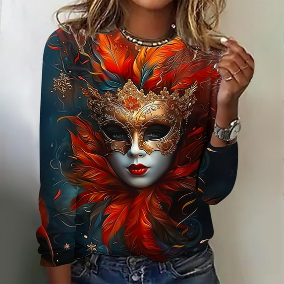 TrendVibe365 Mardi Gras Womens Long Sleeve Shirts Plus Size Plus Size Round Neck Polyester Casual Mask Printed Mardi Gras Celebrations Blouse Tops for Mardi Gras Event Purple 3XL