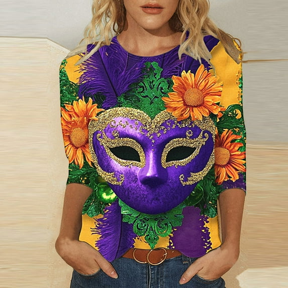 TrendVibe365 Mardi Gras Womens Plus Size Tops 3/4 Sleeve Crew Neck Polyester Casual Mask Printed Mardi Gras Celebrations Blouse Tops for Mardi Gras Event Purple L