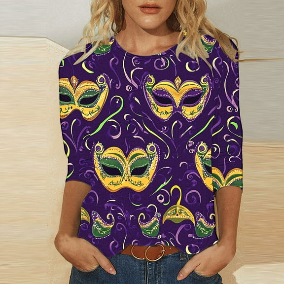 successthop Mardi Gras Womens Plus Size Tops 3/4 Sleeve Crew Neck Polyester Casual Mask Printed Mardi Gras Celebrations Blouse Tops for Mardi Gras Event Purple L
