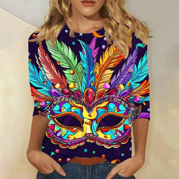 successthop Mardi Gras Womens Plus Size Tops 3/4 Sleeve Loose with Crew Neck Polyester Casual Mask Printed Mardi Gras Celebrations Blouse Tops for Mardi Gras Event Purple 4XL