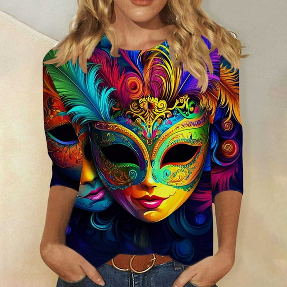successthop Mardi Gras Womens Plus Size Tops 3/4 Sleeve Loose with Crew Neck Polyester Casual Mask Printed Mardi Gras Celebrations Blouse Tops for Mardi Gras Event Purple 4XL