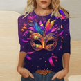 thumbnail image 1 of successthop Mardi Gras Womens Plus Size Tops 3/4 Sleeve Loose Crew Neck Polyester Casual Mask Printed Mardi Gras Celebrations Blouse Tops for Mardi Gras Event Purple M, 1 of 5