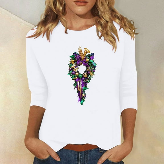 TrendVibe365 Mardi Gras Womens Plus Size Tops 3/4 Sleeve Loose Round Neck Polyester Casual Mask Printed Mardi Gras Celebrations Blouse Tops for Mardi Gras Event Purple XL