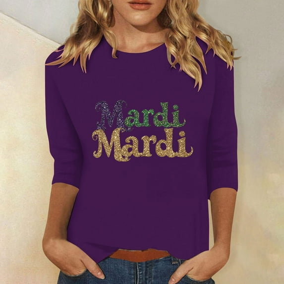 TrendVibe365 Mardi Gras Womens Plus Size Tops 3/4 Sleeve Round Neck Polyester Casual Mask Printed Mardi Gras Celebrations Blouse Tops for Mardi Gras Event Purple M