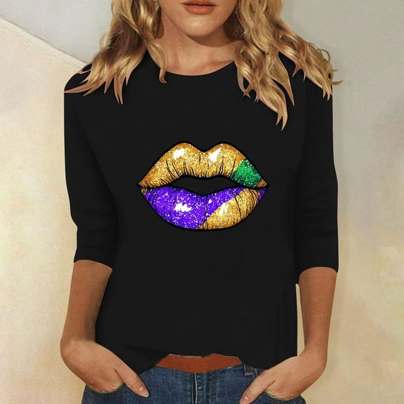 TrendVibe365 Mardi Gras Womens Tops 3/4 Sleeve Plus Size Round Neck Polyester Casual Mask Printed Mardi Gras Celebrations Blouse Tops for Mardi Gras Event Purple M
