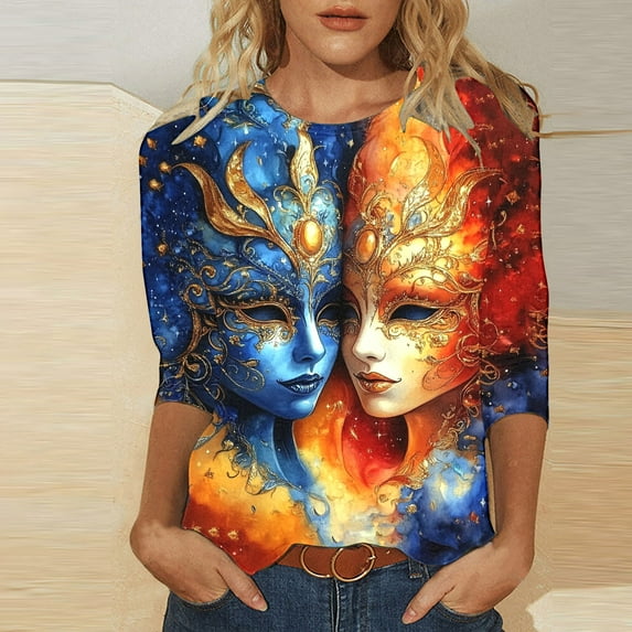 TrendVibe365 Mardi Gras Womens Tops 3/4 Sleeve T Shirt Plus Size Round Neck Polyester Casual Mask Printed Mardi Gras Celebrations Blouse Tops for Mardi Gras Event Purple M