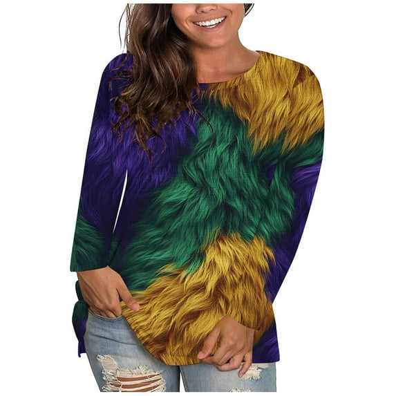TrendVibe365 Mardi Gras Womens Tops Long Sleeve Plus Size Plus Size Round Neck Polyester Casual Mask Printed Mardi Gras Celebrations Blouse Tops for Mardi Gras Event Purple M
