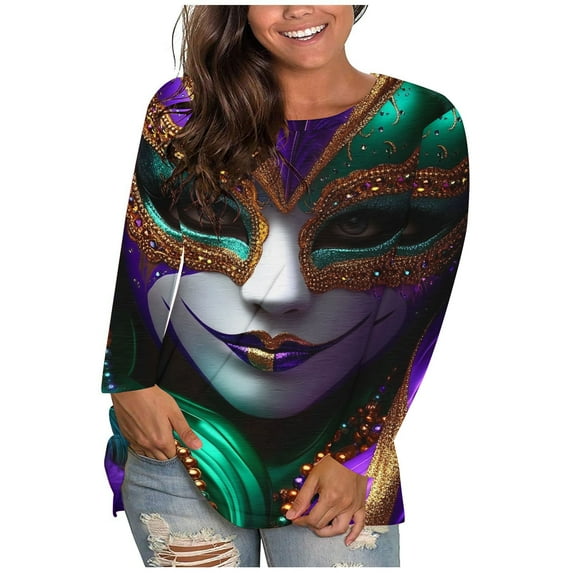 successthop Mardi Gras Womens Tops Plus Size Long Sleeve Plus Size Round Neck Polyester Casual Mask Printed Mardi Gras Celebrations Blouse Tops for Mardi Gras Event Purple 2XL
