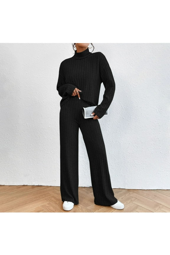 Matching Lounge Set Womens Soft Solid Color Ribbed Knit Mock Neck Long Sleeve Shirts and Wide Leg Long Pants Fashion Vacation Pajamas Lounge Set Loungewear Summer Outfits