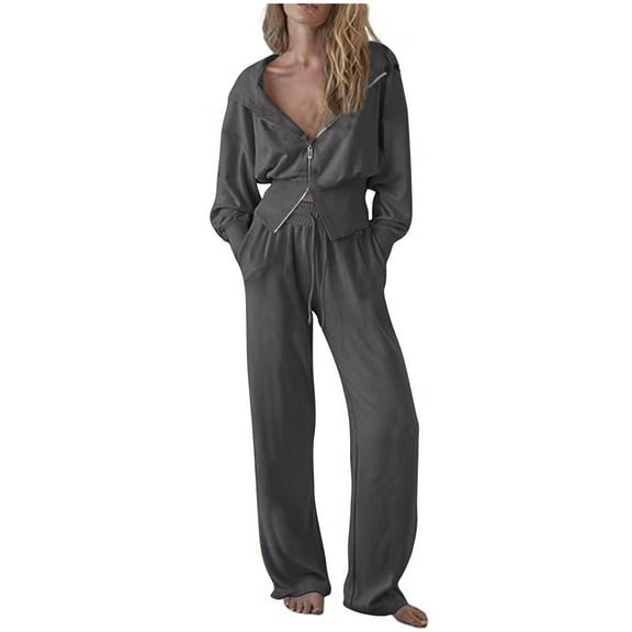 successthop Matching Lounge Set Womens Soft Solid Color Zip Up Hoodie Long Sleeve Shirts and Wide Leg Long Pants Fashion Vacation Pajamas Lounge Set Loungewear Summer Outfits