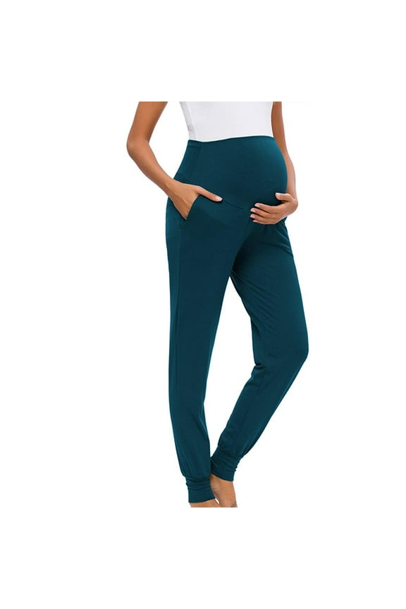 TrendVibe365 Maternity Leggings for Women Plus Size High Waist Maternity Pants Elastic Waist Full Length Trouser Curvy for Mother No Compression of the Stomach Solid Blue XL Casual Clothes