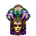 thumbnail image 1 of TrendVibe365 Mens Button down Shirts Short Sleeve Purple Plus Size Polyester Casual Button up Mask Printed Mardi Gras Celebrations Blouse Tops for Mardi Gras Event 5XL, 1 of 5