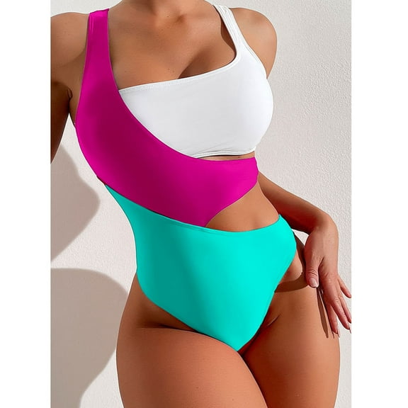 TrendVibe365 Modest Swimsuits for Women Strap Bandeau One-Piece Monokinis Hollow Cutout Color Block Romper Swimming Suits Push up High Waist Bikinis Tankinis for Holiday, Travel and Seaside