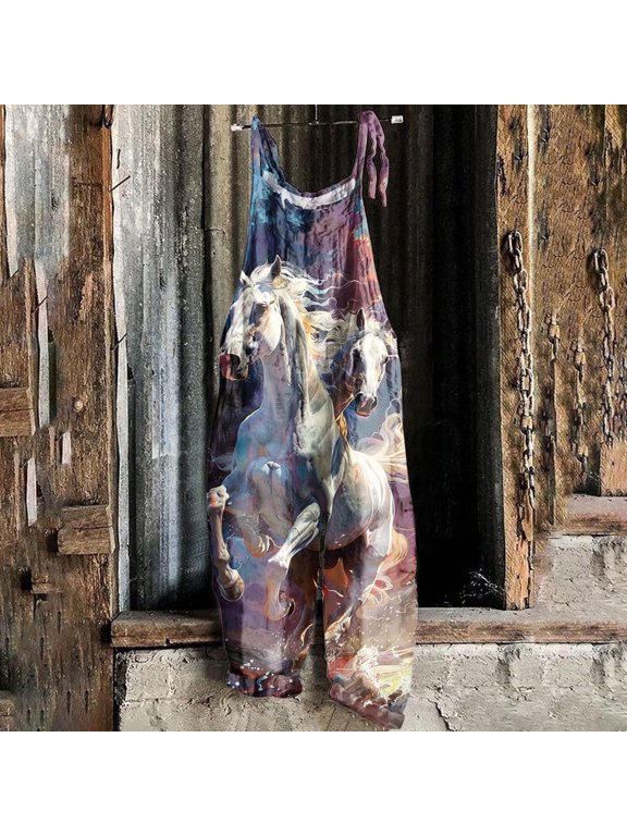 TrendVibe365 Overalls for Women Loose Fit Pants Cowboy Horse Vintage Western Adjustable Straps Fancy Jumpsuits Hippie Y2K Streetwear Long Sleeveless Rompers with Pockets Outfits People Doop
