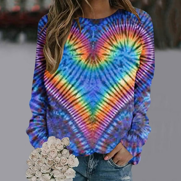 successthop Oversized Crewneck Sweatshirt Women Valentines Day Tie Dye Gradient Heart Holiday Gifts Tees Long Sleeve Tops Crew Neck Shirts Spring Vintage Novelty Tees Clothes Multi-color L(US=8)