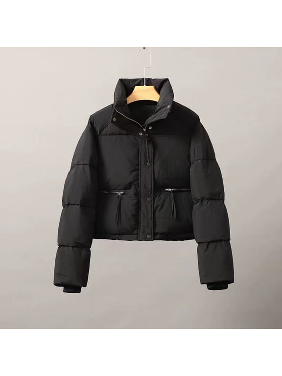successthop Packable Puffer Jacket Women Black Long Sleeve Down Jacket Turtleneck Waist Length Winter Coats Midweight Warm Outerwear Solid Thick Coat Zip Winter Clothes with Pockets Overcoat