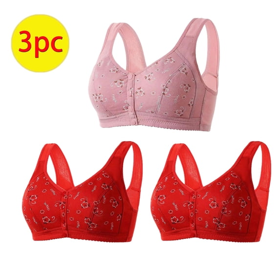 TrendVibe365 Padded Bras for Women Multipack Daisy Floral Wireless Push up Bralettes Padded Snap Front Closure Wide Strap Bustier Full Coverage Crop Tank Top Sexy Underwear Red XL