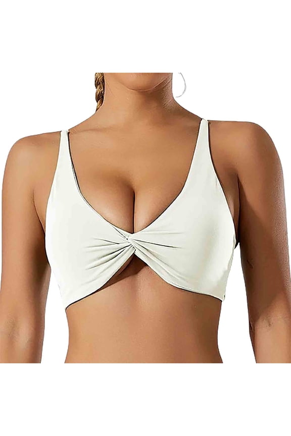 TrendVibe365 Padded Sports Bras for Women Twist Knot Front Wirefree Push up Bralette Padded Triangle Plunge Adjustable Spaghetti Strap Support Full Coverage Crop Cami Top Comfort Shapewear White L