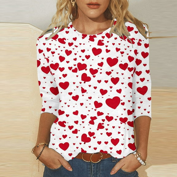 TrendVibe365 Pink 3/4 Womens Shirts Casual Valentines Womens Tops Plus Size Crew Neck Polyester Casual Love Heart Printed Lover Gift Blouse Tops for Valentines Gifts L