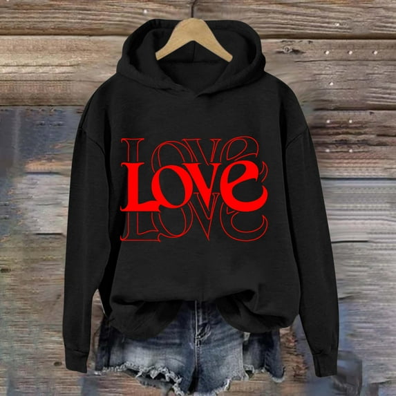 successthop Pink Hooded Sweatshirt Women Valentines Day Clothes Long Sleeve Polyester Casual Love Heart Printed Lover Gift Blouse Tops for Valentines Gifts L