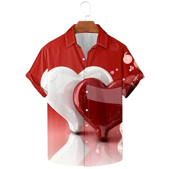 TrendVibe365 Pink Mens Button down Shirts Short Sleeve Solid Color Valentines Day Clothes Plus Size Polyester Casual Button up Love Heart Printed Lover Gift Blouse Tops for Valentines Gifts S