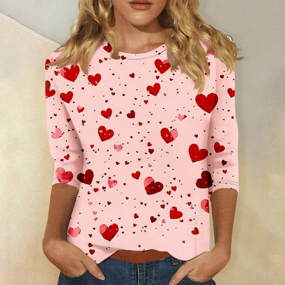 TrendVibe365 Pink Womens Casual Tops 3/4 Sleeves Valentines Womens Tops Plus Size Crew Neck Polyester Casual Love Heart Printed Lover Gift Blouse Tops for Valentines Gifts L