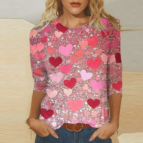 successthop Pink Womens Plus Size Tops 3/4 Sleeve Valentines Day Clothes Round Neck Polyester Casual Love Heart Printed Lover Gift Blouse Tops for Valentines Gifts 2XL