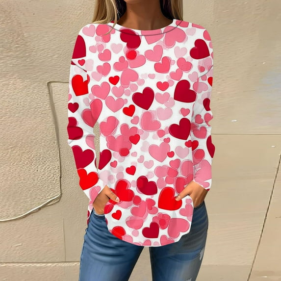 successthop Pink Womens Plus Size Tops Long Sleeve T Shirts Valentines Womens Tops Plus Size Long Crew Neck Polyester Casual Love Heart Printed for Leggings for Valentines Gifts 4XL