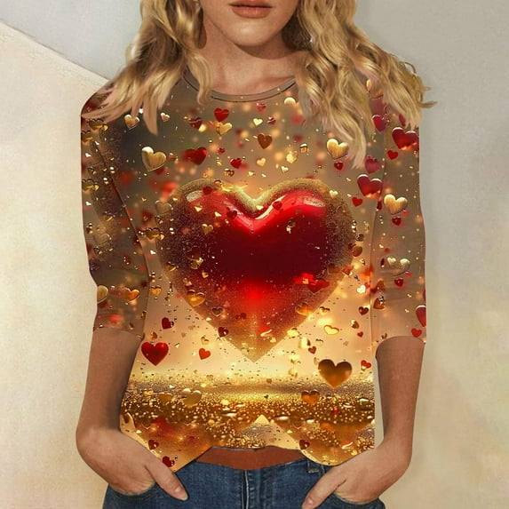 TrendVibe365 Pink Womens Tops 3/4 Sleeve T Shirt Valentines Womens Tops Plus Size Round Neck Polyester Casual Love Heart Printed Lover Gift Blouse Tops for Valentines Gifts S