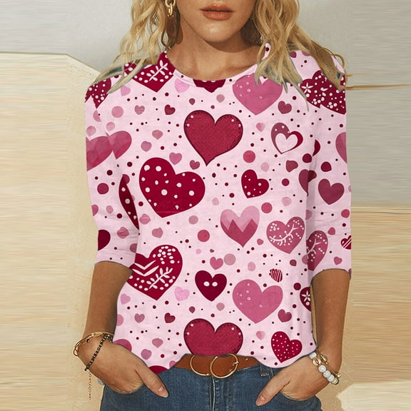 TrendVibe365 Pink Womens Tops 3/4 Sleeve Valentines Day Clothes Plus Size with Crew Neck Polyester Casual Love Heart Printed Lover Gift Blouse Tops for Valentines Gifts 2XL