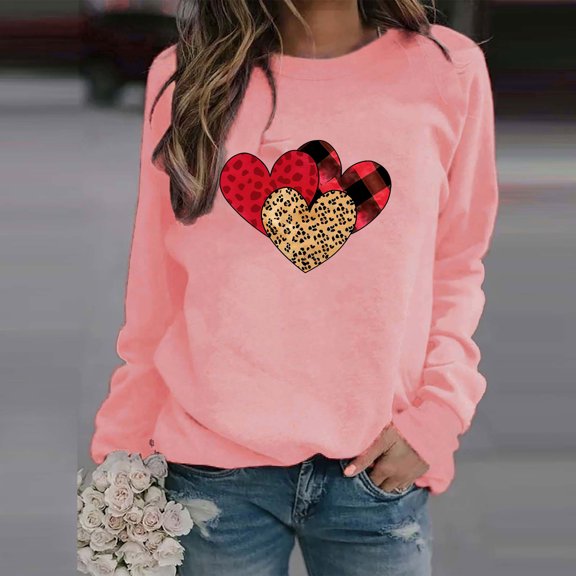 successthop Pink Womens Tops Long Sleeve Pullover Valentines Day Clothes Round Neck Polyester Casual Love Heart Printed Lover Gift Blouse Tops for Valentines Gifts 2XL