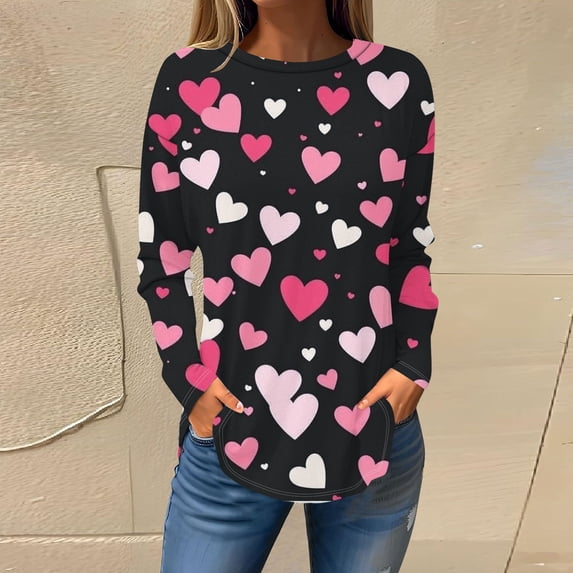 TrendVibe365 Pink Womens Tunic Tops Long Sleeve Plus Size Valentines Day Clothes Plus Size Long Round Neck Polyester Casual Love Heart Printed for Leggings for Valentines Gifts 2XL